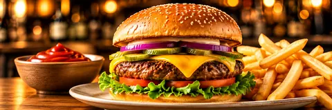 Burger and fries at a casual dining restaurant