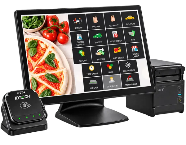15-inch touchscreen POS terminal with card reader and receipt printer