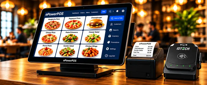 Restaurant POS touchscreen showing menu items