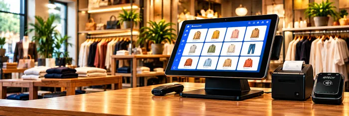 Retail POS touchscreen and receipt printer in a clothing store